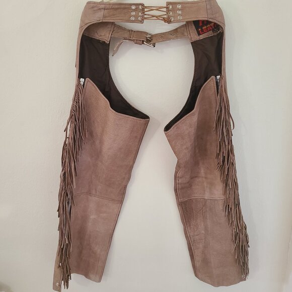 Womens L Vintage Hot Leathers Tan Leather Assless Motorcycle Chaps Beads Fringe - Picture 2 of 5